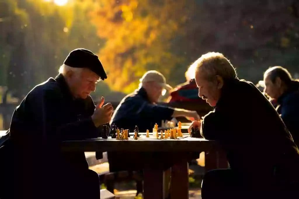 Two older men playing chess in a park.