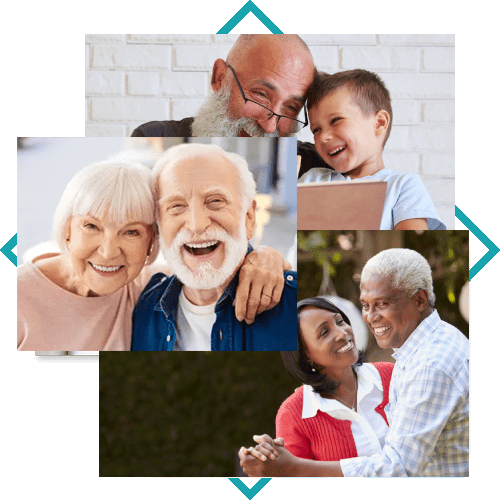 A collage of home care photos showcasing an older couple and a child.