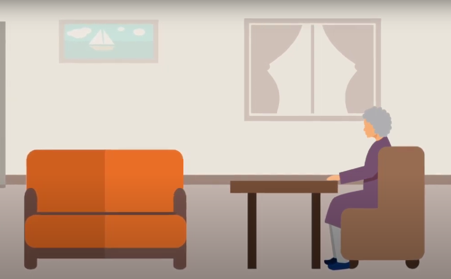 Animation of an elderly woman sitting at a table.
