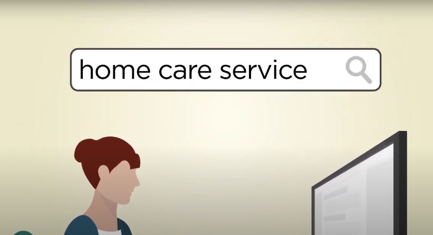 A woman is sitting in front of a computer screen with the words home care service.