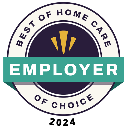 Badge with text: "Best of Home Care - Employer of Choice 2024." Circular design with teal and yellow accents, highlighting excellence in home care Columbus.