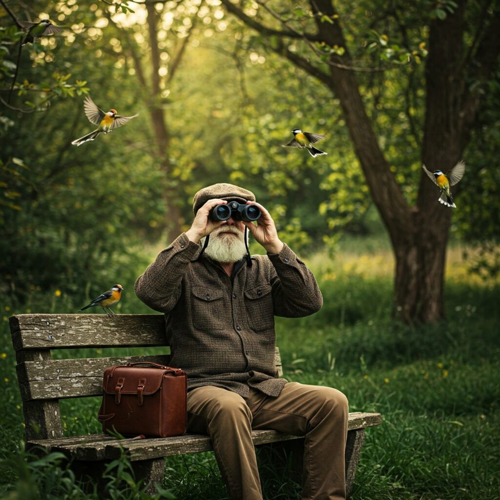 A man sitting on a wooden bench in a forest is using binoculars to watch birds flying around. A leather bag rests beside him.