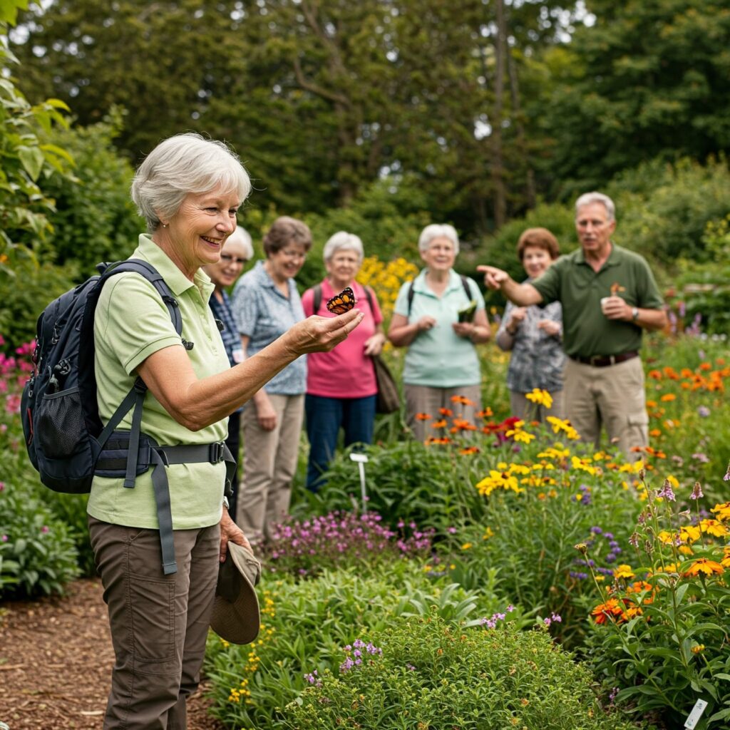 A group of elderly people enjoying a guided tour in a colorful flower garden. One woman holds a butterfly in her hand, smiling, while others look on appreciatively.