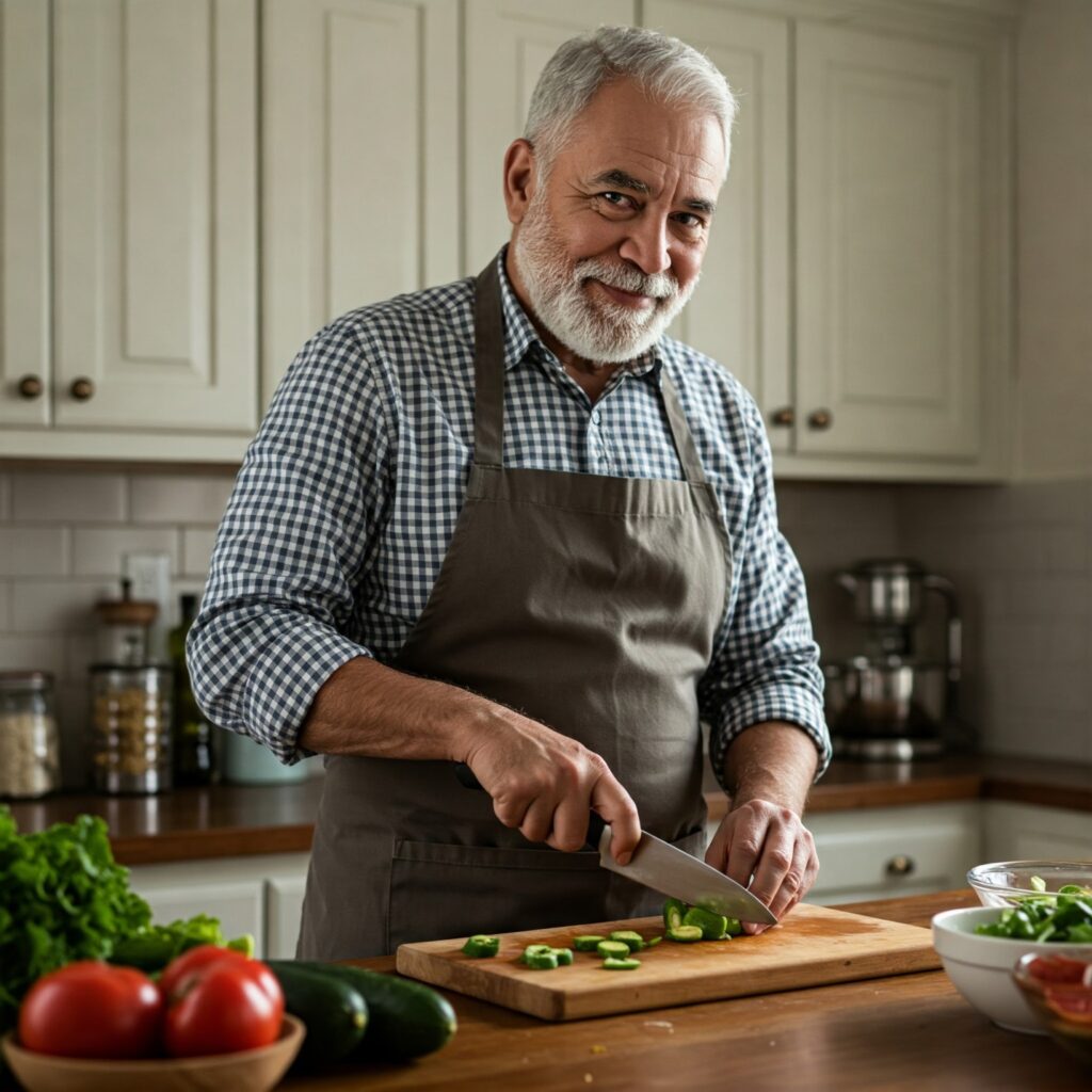 Man with gray hair and beard wearing an apron, chopping green peppers in a kitchen. Various vegetables are on the counter.