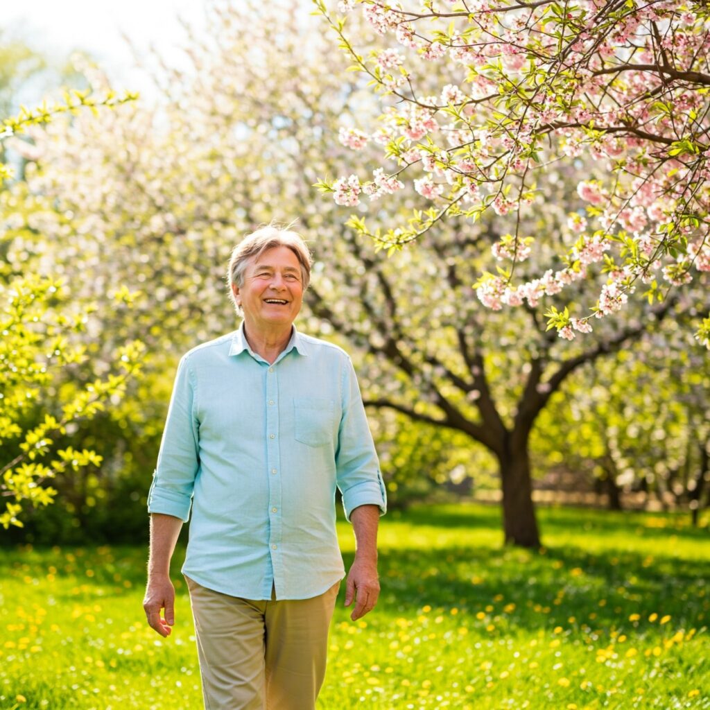 Man walking in a sunny orchard with blooming trees, wearing a light blue shirt and beige pants, smiling.