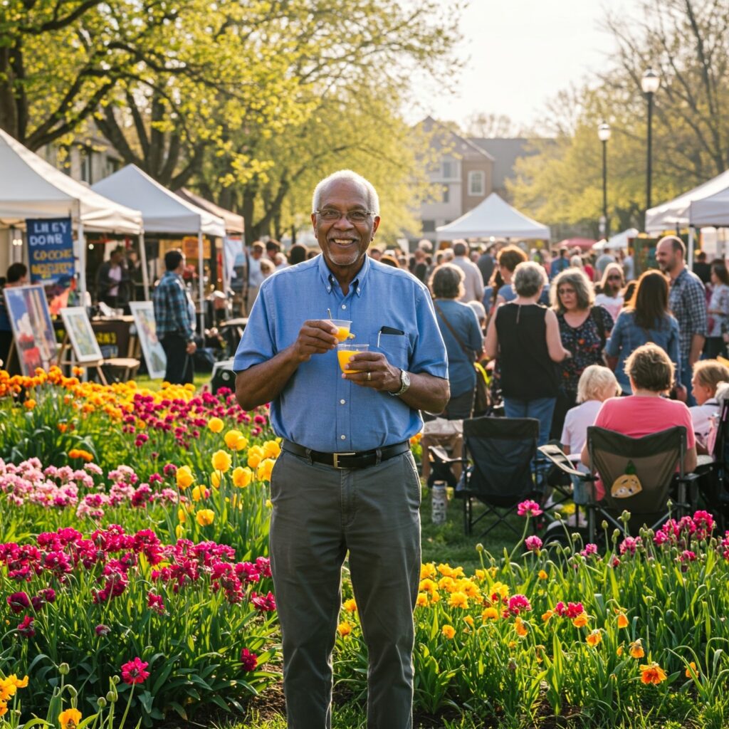 Elderly man smiling and holding a yellow cup, standing in a park with colorful flowers and people enjoying an outdoor event with white tents.