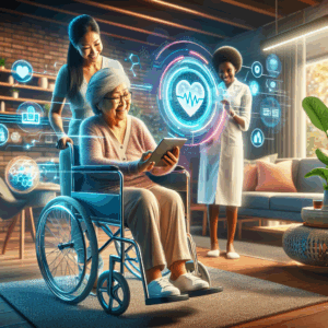 An elderly woman in a wheelchair uses a tablet, assisted by a caregiver, while a healthcare professional stands nearby. Health-related digital graphics are overlaid in the scene.
