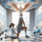 An older man does physical therapy assisted by a woman in a bright gym, with an angelic figure with wings depicted on the ceiling above them. Fitness equipment surrounds them.