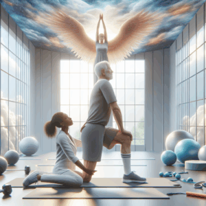 An older man does physical therapy assisted by a woman in a bright gym, with an angelic figure with wings depicted on the ceiling above them. Fitness equipment surrounds them.