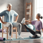 An older man sits on a chair while a younger woman on a mat assists him with a leg stretch in a bright exercise room.