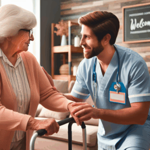 A nurse in blue scrubs assists an elderly woman using a walker in a warmly decorated room with a "Welcome" sign on the wall.