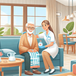 A nurse sits beside an elderly man on a sofa, holding a timer, in a bright and tidy living room with large windows and cozy decor.