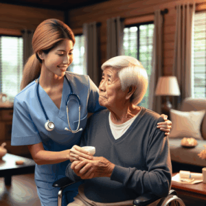 A nurse in blue scrubs smiles and supports an elderly person in a wheelchair holding a cup, inside a warmly lit living room.