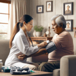 A healthcare professional measures the blood pressure of an older adult seated on a couch in a home setting, with family photos visible on the wall.