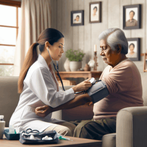 A healthcare professional measures the blood pressure of an older adult seated on a couch in a home setting, with family photos visible on the wall.