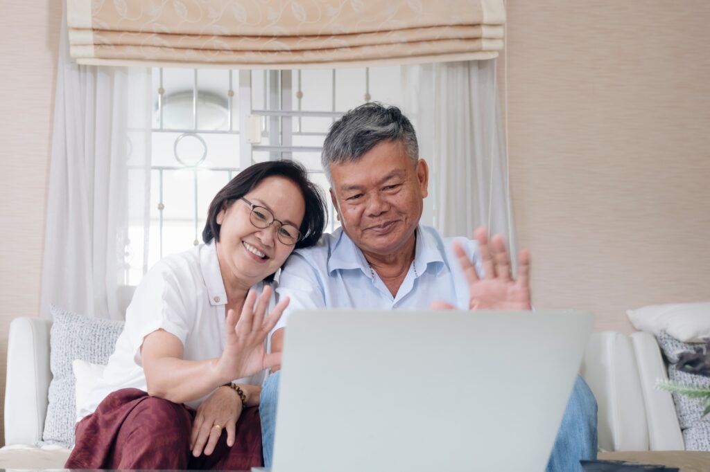 Senior online video with people distance