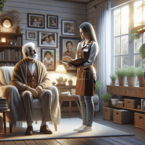 A nurse stands beside an elderly man seated in a cozy, sunlit living room, discussing a file with him. Family portraits and plants decorate the background.