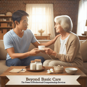 A young man offers a cup to an elderly woman while sitting together on a couch; text reads "Beyond Basic Care: The Power of Professional Companionship Services.