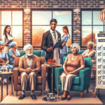 A doctor stands between an elderly man and woman seated in a waiting area, with nurses and other patients in the background and a checklist board displayed nearby.