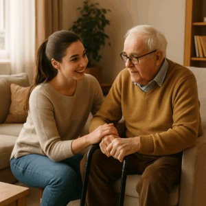 A young woman sits beside an older man with glasses and a cane in a living room, smiling and holding his hand.