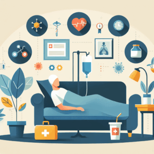 A person lies on a couch receiving IV treatment, surrounded by medical icons, plants, and health-related items in a home setting.
