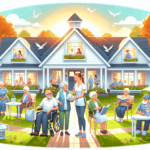 A group of elderly people and caregivers interact outside a large, sunny nursing home, with others visible through the windows and doves flying overhead.