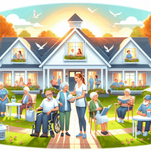 A group of elderly people and caregivers interact outside a large, sunny nursing home, with others visible through the windows and doves flying overhead.