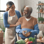 A young caregiver stands beside an elderly man holding a bottle of olive oil, with a cart of fresh vegetables and kitchen utensils in a home kitchen.