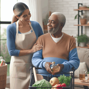 A young caregiver stands beside an elderly man holding a bottle of olive oil, with a cart of fresh vegetables and kitchen utensils in a home kitchen.