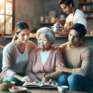 Three adults sit together looking at a photo album, with one elderly woman in the center. Another person in the background prepares food in a kitchen.