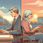 A man in a suit works on a laptop indoors, while an elderly woman in a wheelchair sits outside at sunset, separated by a vertical split.