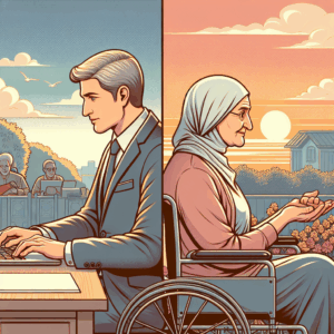 A man in a suit works on a laptop indoors, while an elderly woman in a wheelchair sits outside at sunset, separated by a vertical split.