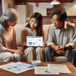 A young woman shows two older adults a tablet displaying charts and data while sitting on a couch, with printed documents and a bowl on the table in front of them.