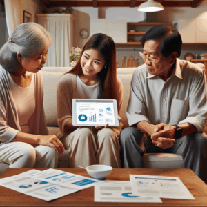 A young woman shows two older adults a tablet displaying charts and data while sitting on a couch, with printed documents and a bowl on the table in front of them.