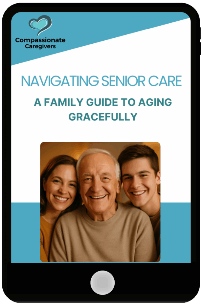 A digital tablet displays a guide titled "Navigating Senior Care: A Family Guide to Aging Gracefully" with a smiling elderly man and two younger people on the cover.