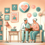 A nurse and an elderly woman sit on a sofa, talking and looking at a book, with healthcare-themed icons and framed photos on the wall behind them.