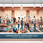 A busy physical therapy clinic with caregivers assisting elderly patients using exercise equipment, wheelchairs, and therapy tools; website and slogan displayed below.