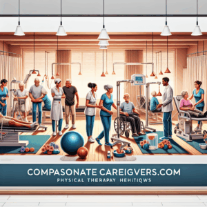 A busy physical therapy clinic with caregivers assisting elderly patients using exercise equipment, wheelchairs, and therapy tools; website and slogan displayed below.