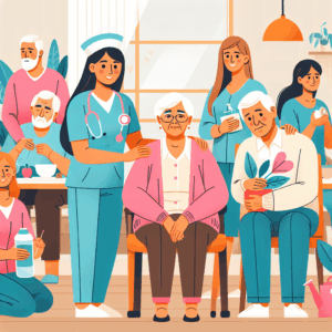 A group of elderly people and caregivers gather in a bright, cozy room, engaging in various activities and socializing, with one nurse standing beside a seated elderly woman.