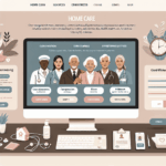 A computer screen displays profiles of diverse healthcare professionals for home care services, surrounded by medical and office supplies on a desk.