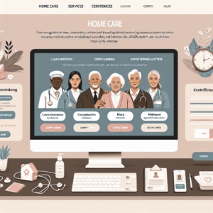 A computer screen displays profiles of diverse healthcare professionals for home care services, surrounded by medical and office supplies on a desk.