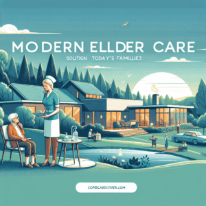 Illustration of a modern elder care facility with caregivers assisting seniors outdoors, surrounded by contemporary buildings, greenery, and various family activities.