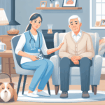 A nurse sits next to an elderly man in a living room, holding a stethoscope, with a dog in a basket nearby. Both are looking forward.