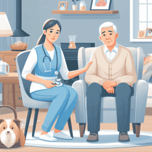 A nurse sits next to an elderly man in a living room, holding a stethoscope, with a dog in a basket nearby. Both are looking forward.