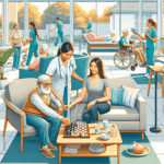 A doctor checks an elderly man's pulse as he plays chess with a young woman in a busy care home, with staff assisting other seniors in the background.