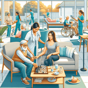 A doctor checks an elderly man's pulse as he plays chess with a young woman in a busy care home, with staff assisting other seniors in the background.