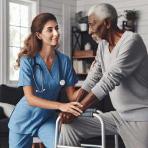 A nurse in blue scrubs assists an elderly man using a walker in a well-lit living room, both appearing engaged in conversation.