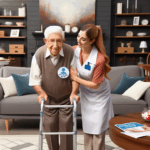A smiling elderly man using a walker is assisted by a female caregiver in a well-furnished living room, with informational brochures on a table nearby.
