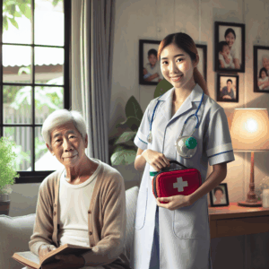 An elderly man sits on a sofa holding a book while a nurse stands beside him, smiling and holding a red first aid kit in a well-lit living room.