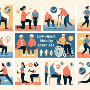 Illustration of older adults performing various low-impact mobility exercises, both seated and standing, with text "Low Impact Mobility Exercises" in the center.